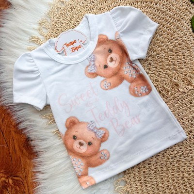 Conj. Blusa Sweet as a Teddy Bear e Short - Rosa e Branco